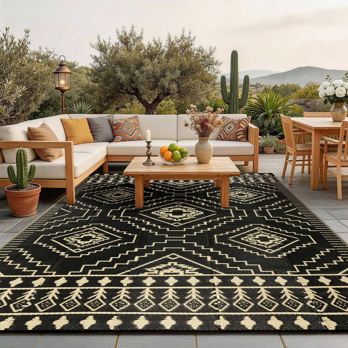 LBRO2M waterproof outdoor rug 8x10 on patio showcasing durable moisture resistance
