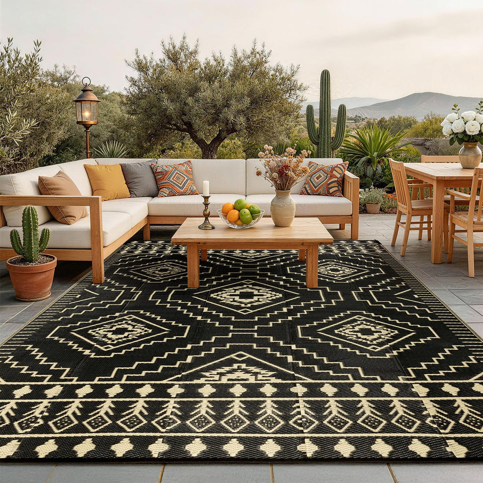 LBRO2M waterproof outdoor rug 8x10 on patio showcasing durable moisture resistance