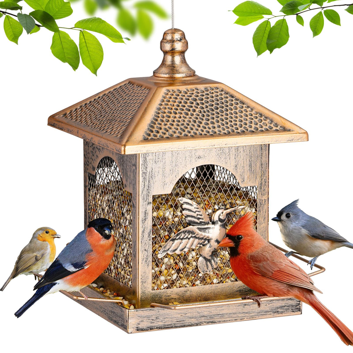 Lbting bird feeder with square lantern frame and polka dot roof—decorative feeding.