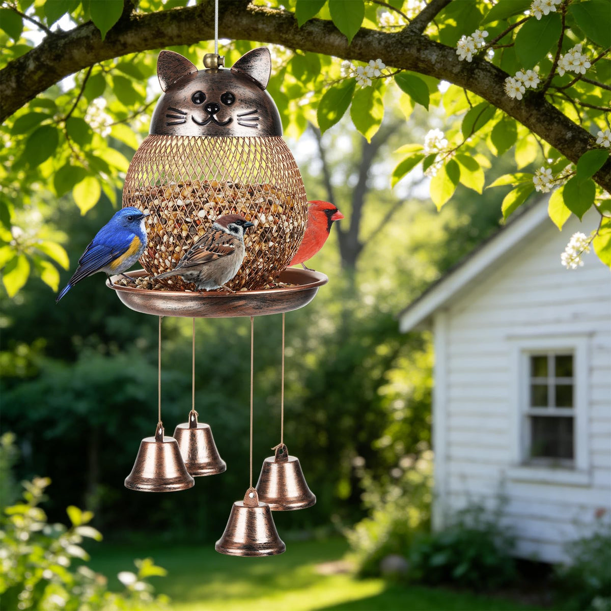 LBTING cat-face detail enhances decorative appeal while welcoming backyard birds.