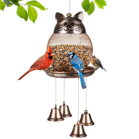 LBTING cat-shaped bird feeder with wind chimes attracts birds in your garden.