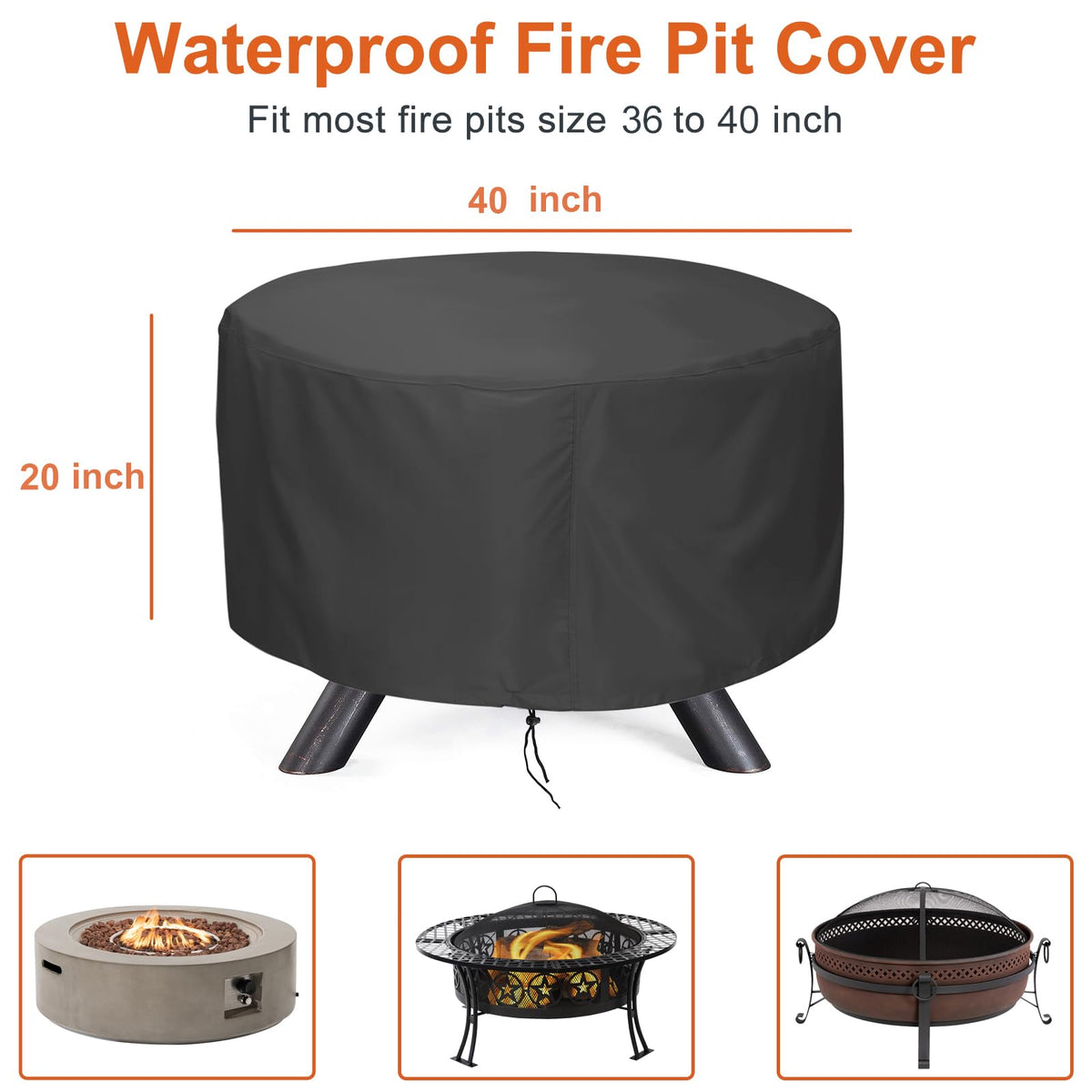 LBTING waterproof 300D fabric cover shields the fire pit during storms and showers.