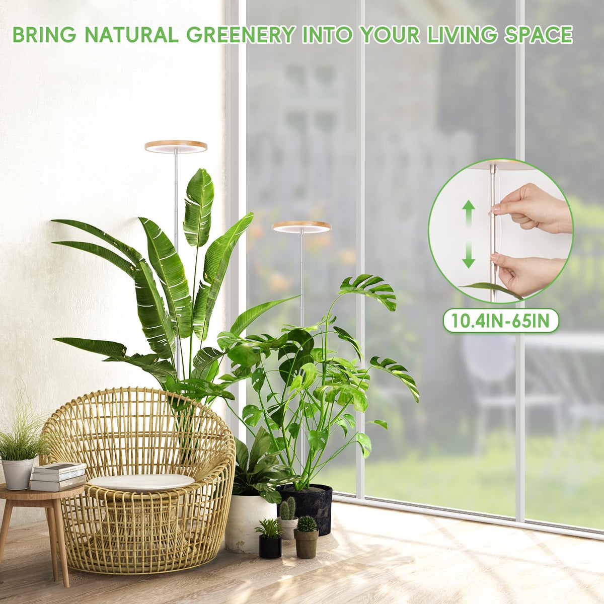 LBW bamboo grow light with telescopic pole extended to cover tall plants