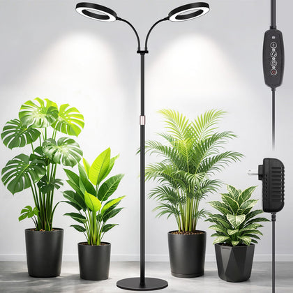 LBW dual head grow light on a sturdy stand illuminating a tall indoor plant evenly