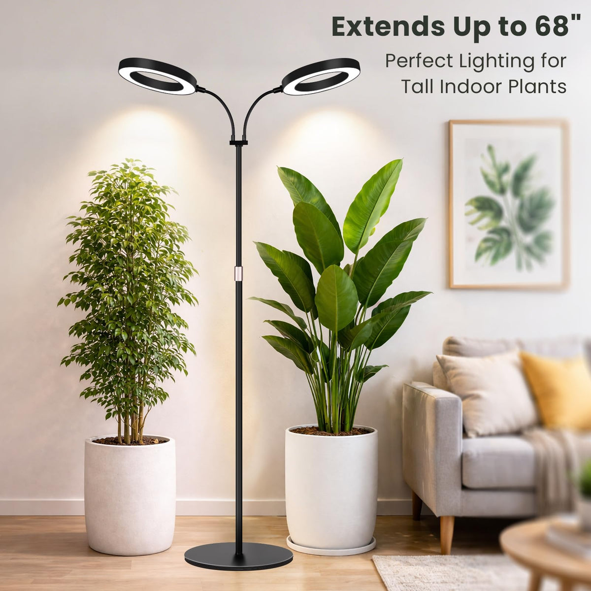 LBW grow light with telescopic pole extended to reach tall plants