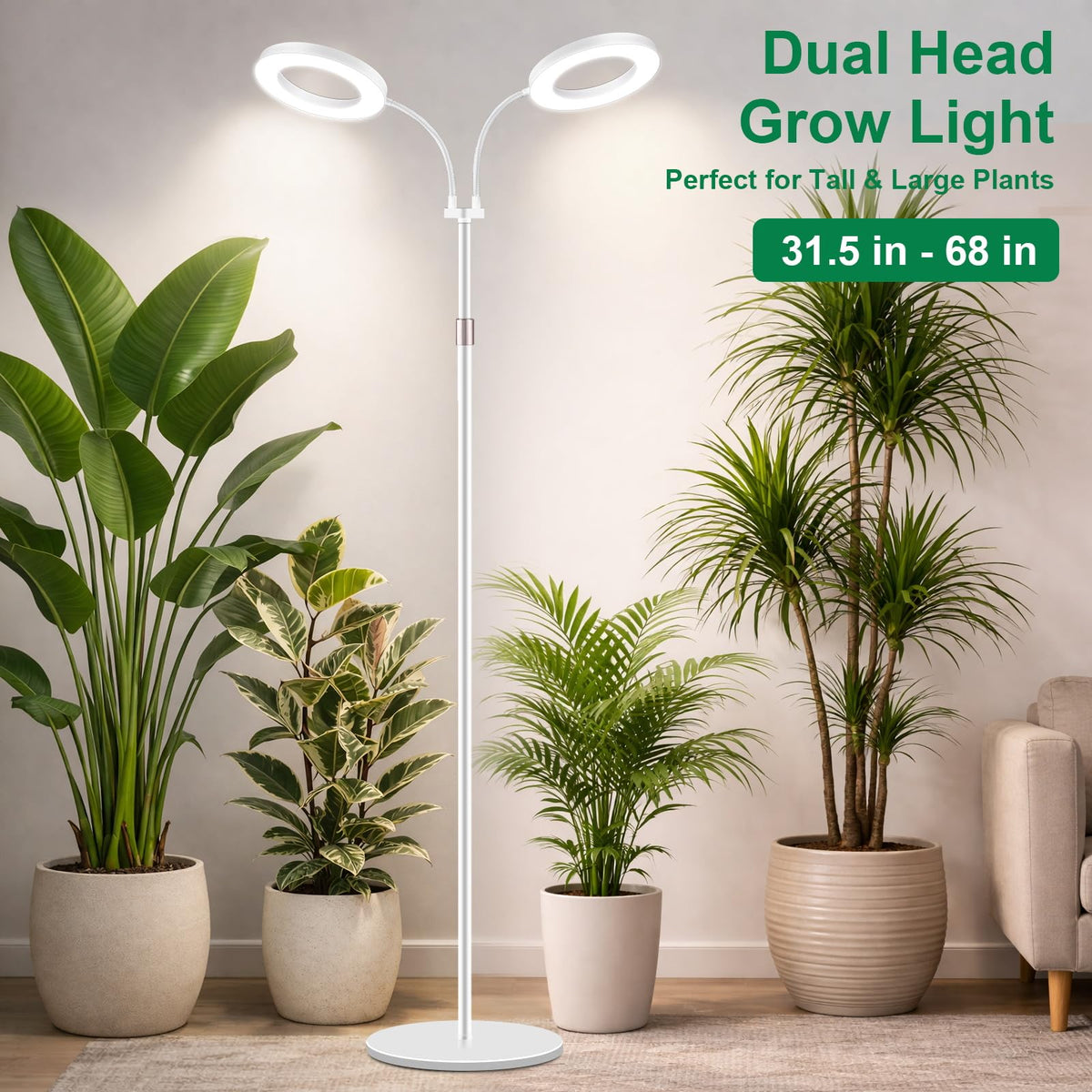 LBW stand with adjustable height reaches tall plants for even top and lower leaf illumination.