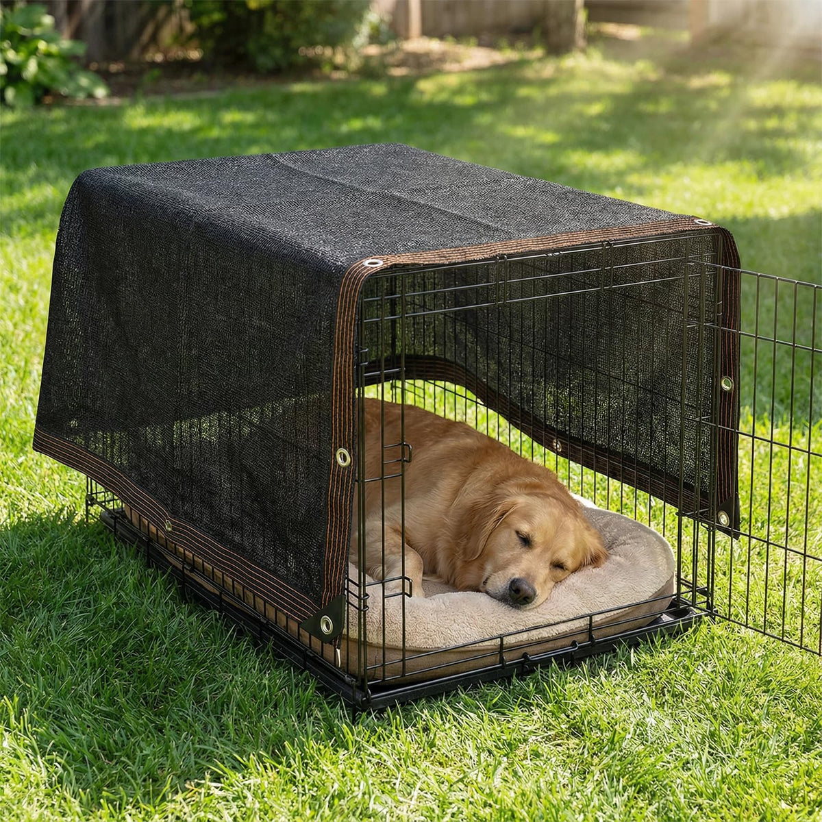 LCYFBE dog kennel shade cover ready to install for sun relief.