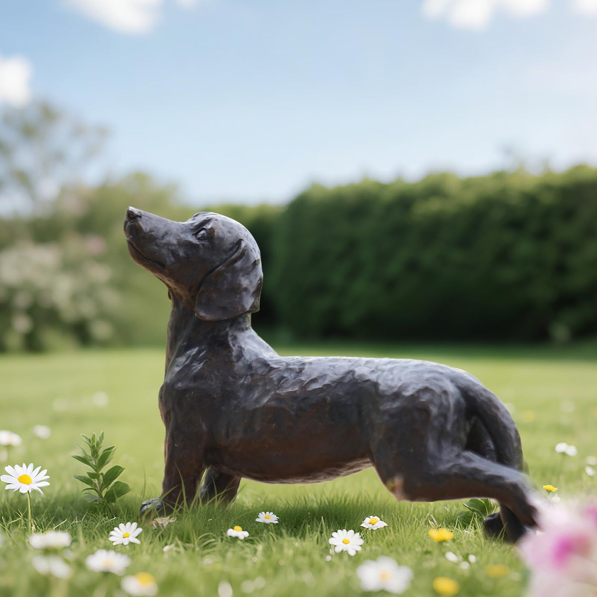 LCdecohome dachshund statue on porch evokes warm curb appeal.
