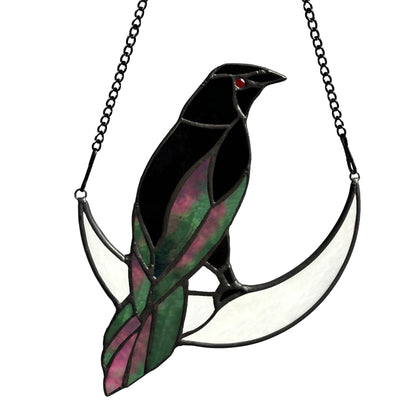 Lcensp Crow on Moon sun catcher creating vibrant Gothic light in windows