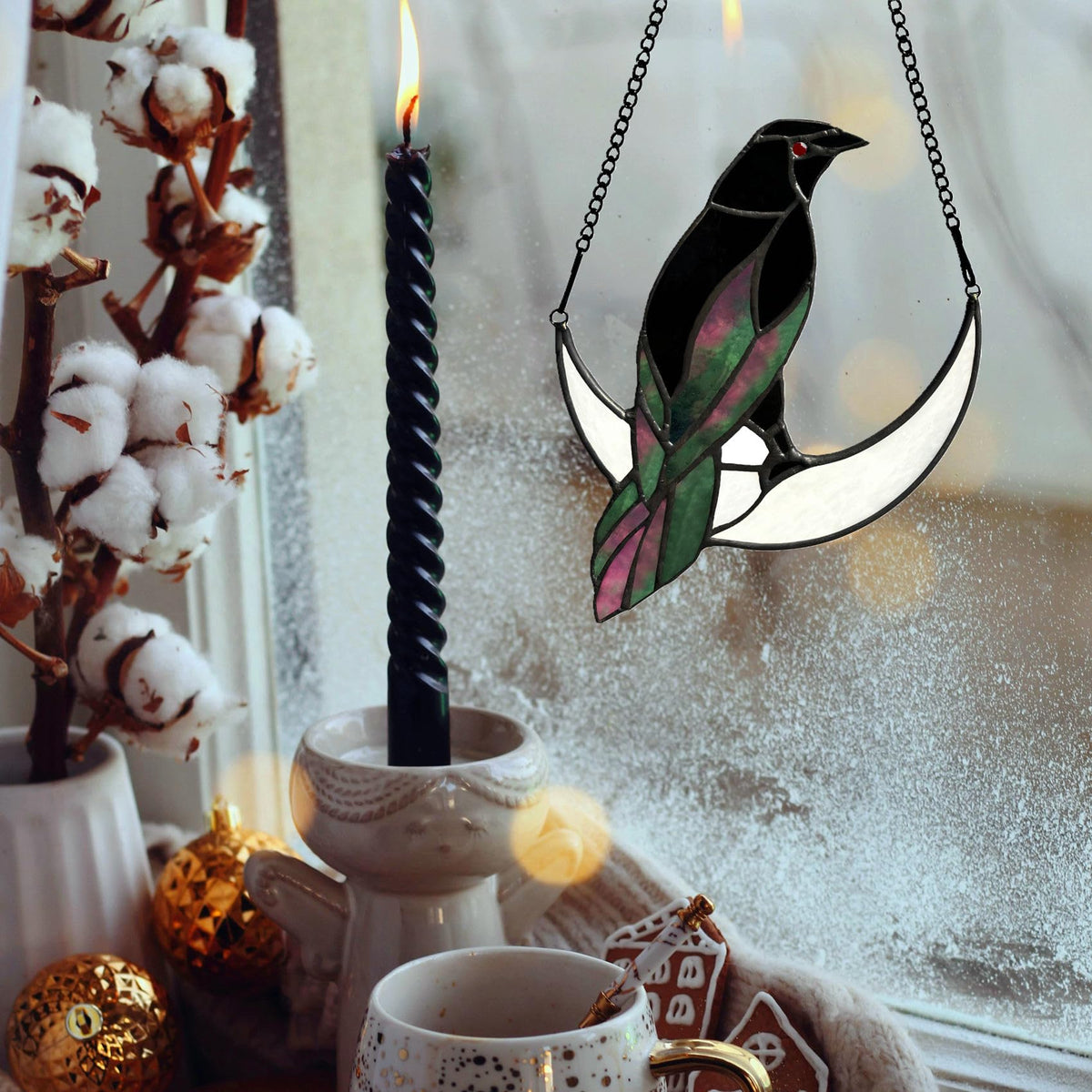 Lcensp Gothic art raven on crescent moon for interior decoration