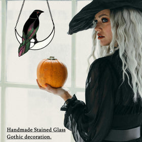 Lcensp Handmade stained glass raven with crescent moon gift