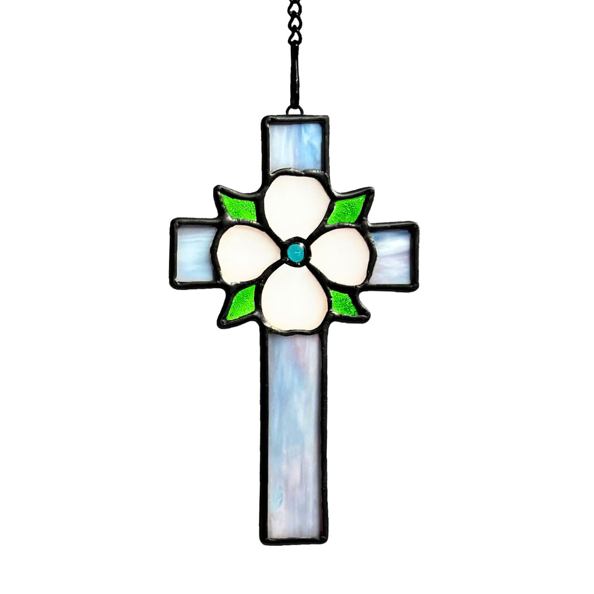 Lcensp stained glass cross suncatcher in a window enhances spiritual ambiance.