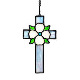 Lcensp stained glass cross suncatcher in a window enhances spiritual ambiance.