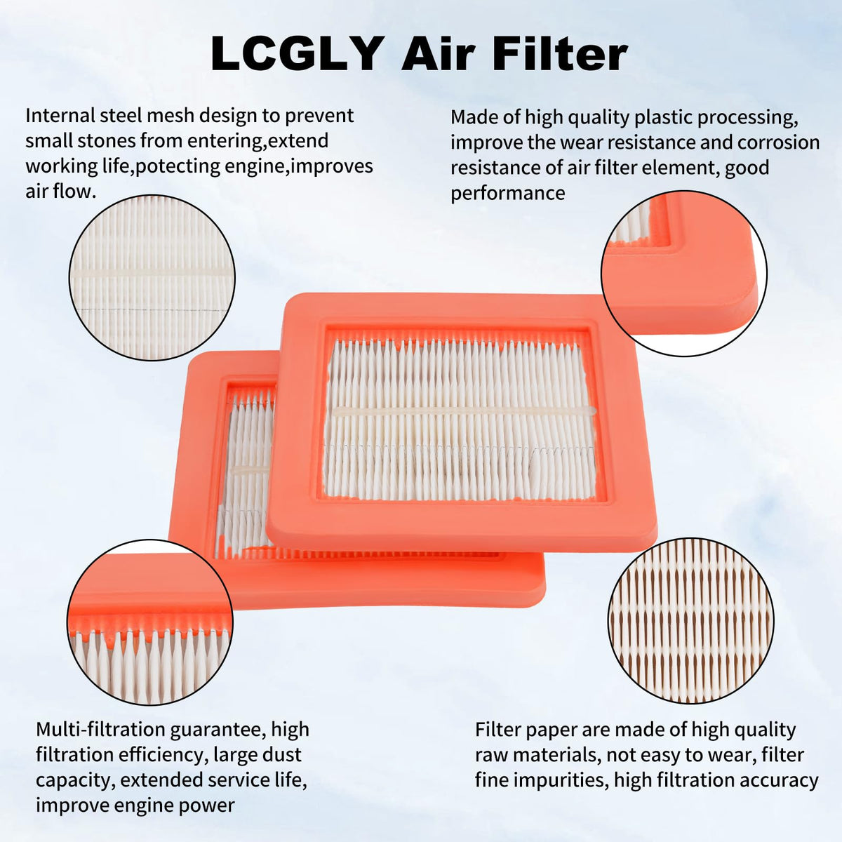 Two-pack LCGLY air filter compatible with Honda mowers for easy replacement.
