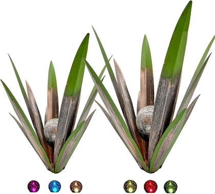 LCJECV metal agave yard art in green with light for garden decor.