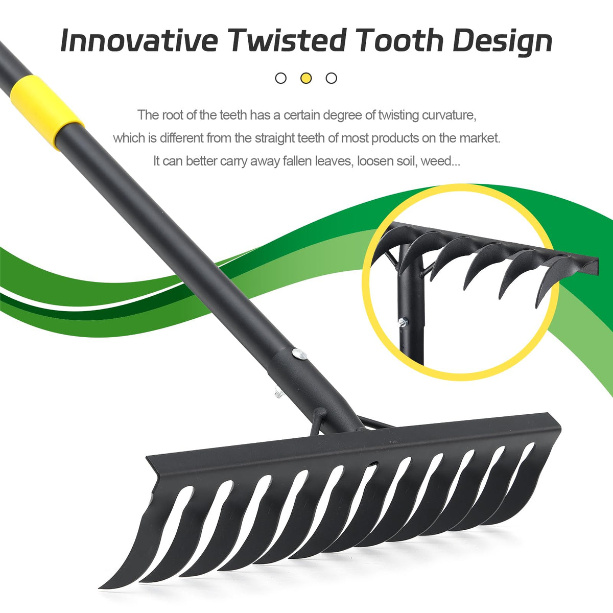 Lcokeiy Bow Rake features 12 tines to loosen soil and sweep debris.