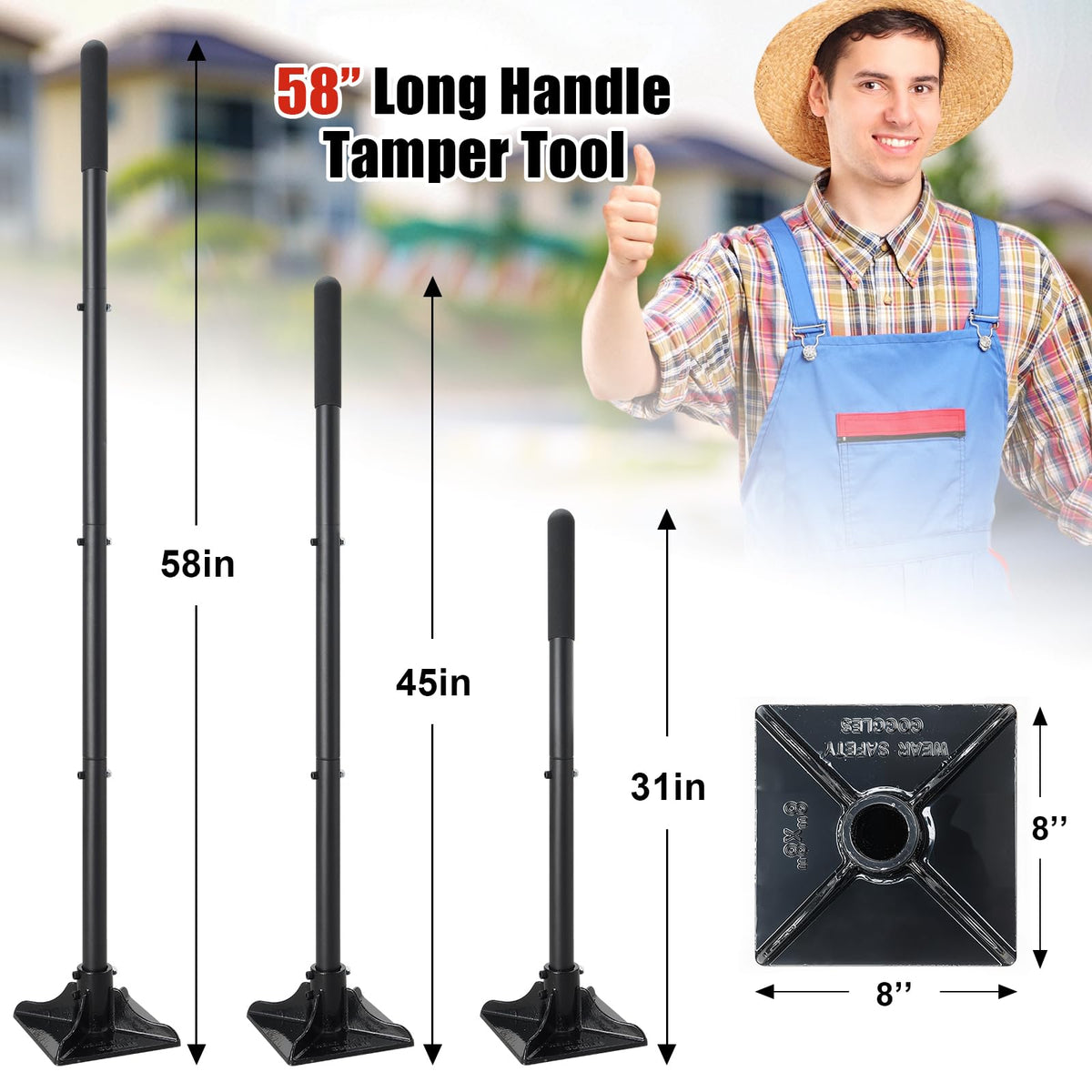 Lcokeiy tamper tool with 58-inch adjustable handle for easy reach.