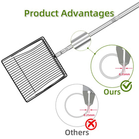 Lconvicely adjustable-handle scooper enables extended reach in tight coop corners.