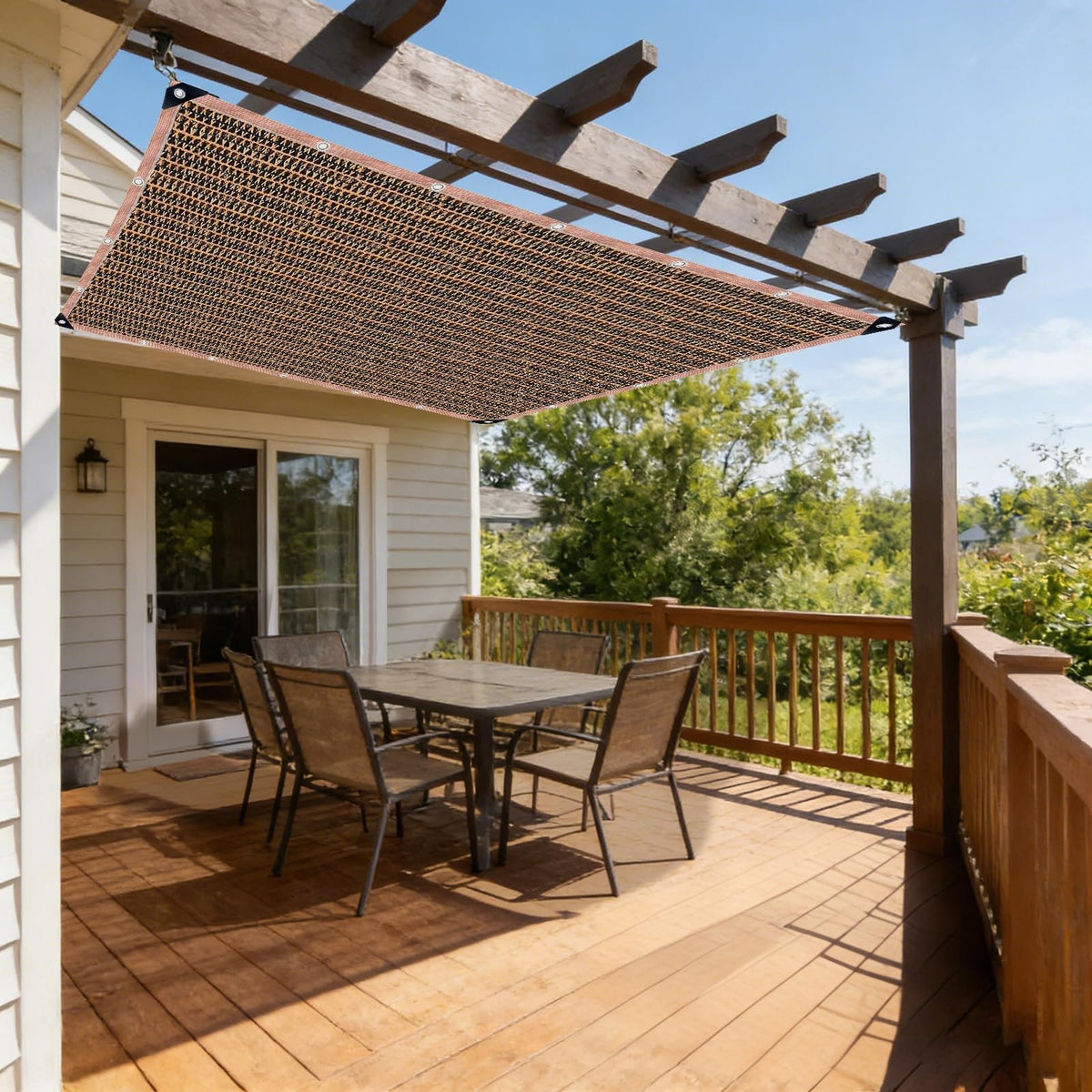 LCYFBE pergola shade installation in mocha fabric creating cooler patio shade