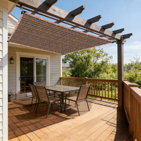 LCYFBE pergola shade installation in mocha fabric creating cooler patio shade