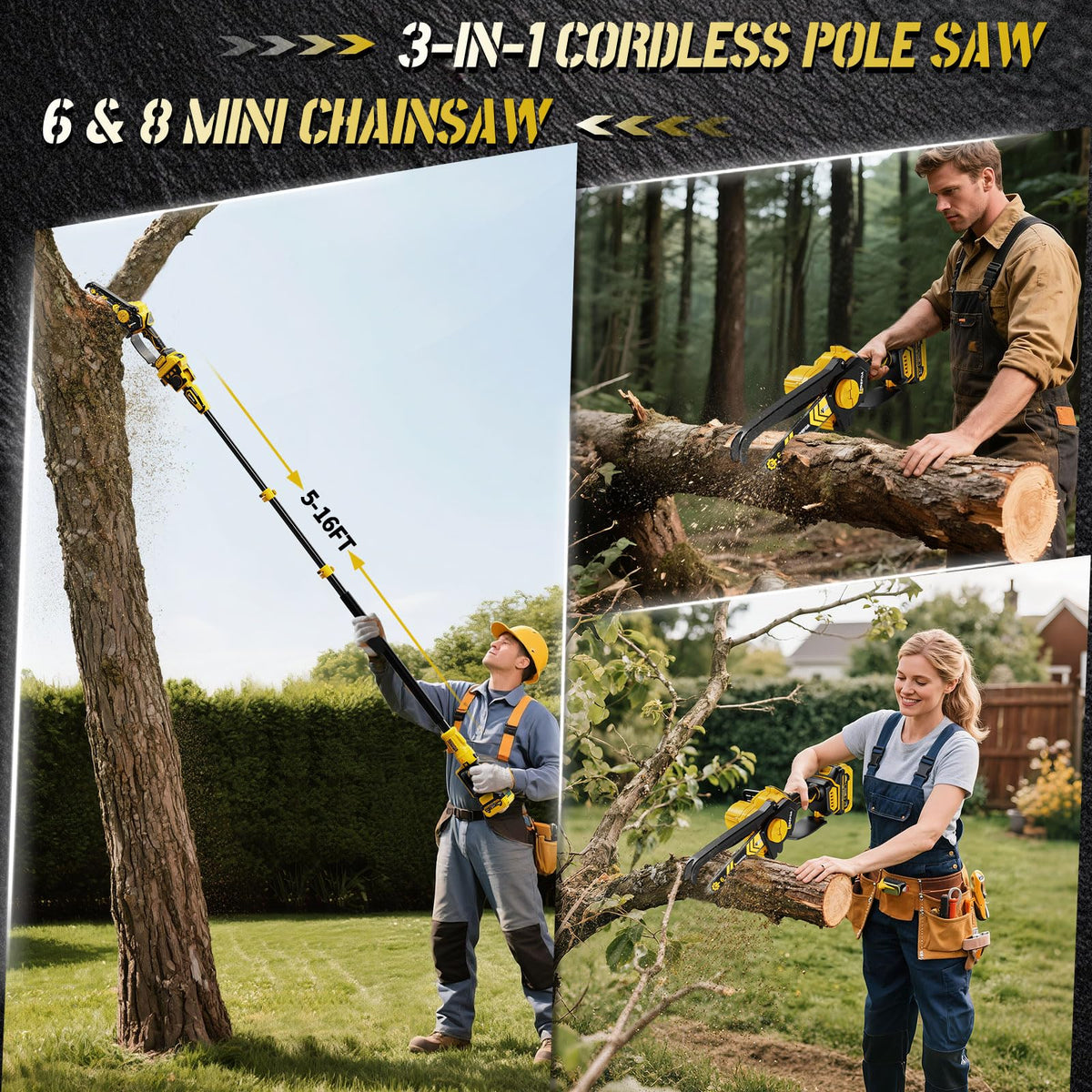 LDDEFOA 3-in-1 electric pole saw 6-inch head for ground-level cuts.