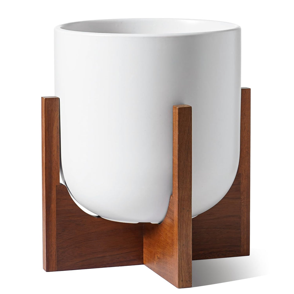 LE TAUCI 10 inch plant pot acacia stand front view ideal for modern interiors