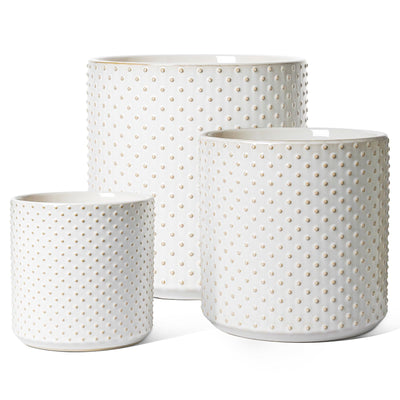 LE TAUCI Arctic White pot with raised dots for a modern plant display.