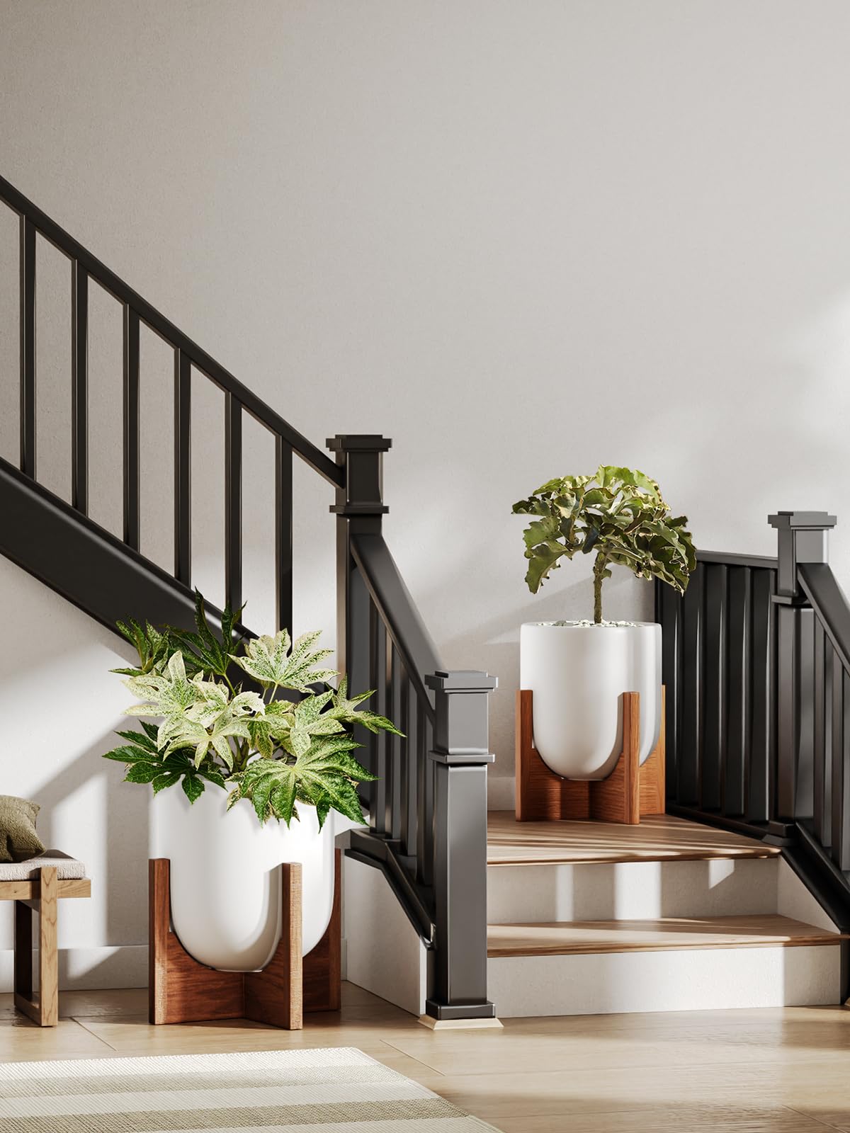 LE TAUCI ceramic planter white satin finish complements wood grain interior
