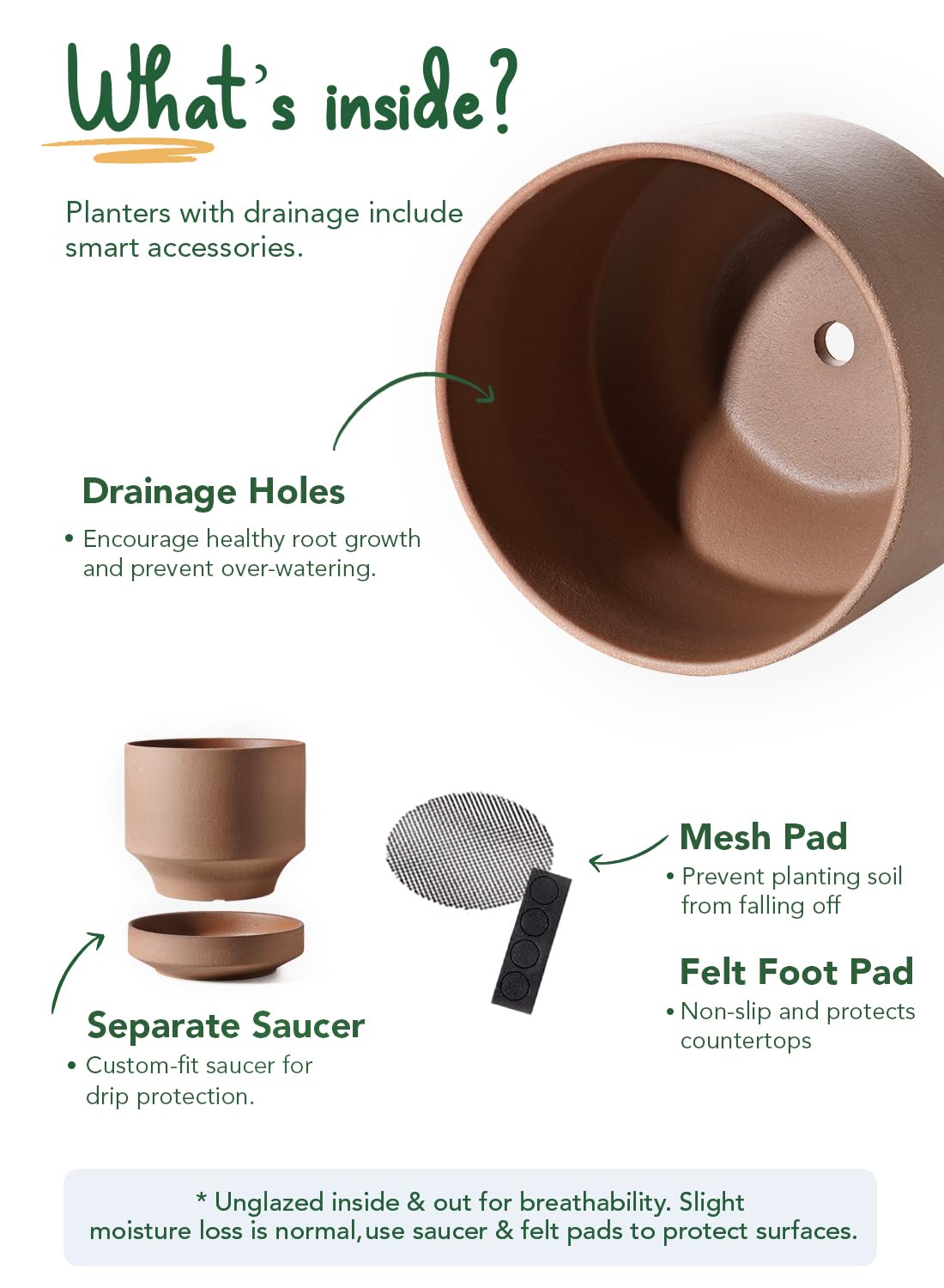 LE TAUCI detachable saucer with mesh pad prevents soil loss and spills.