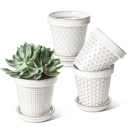 LE TAUCI embossed ceramic pot in Arctic White, ideal for small indoor plants.
