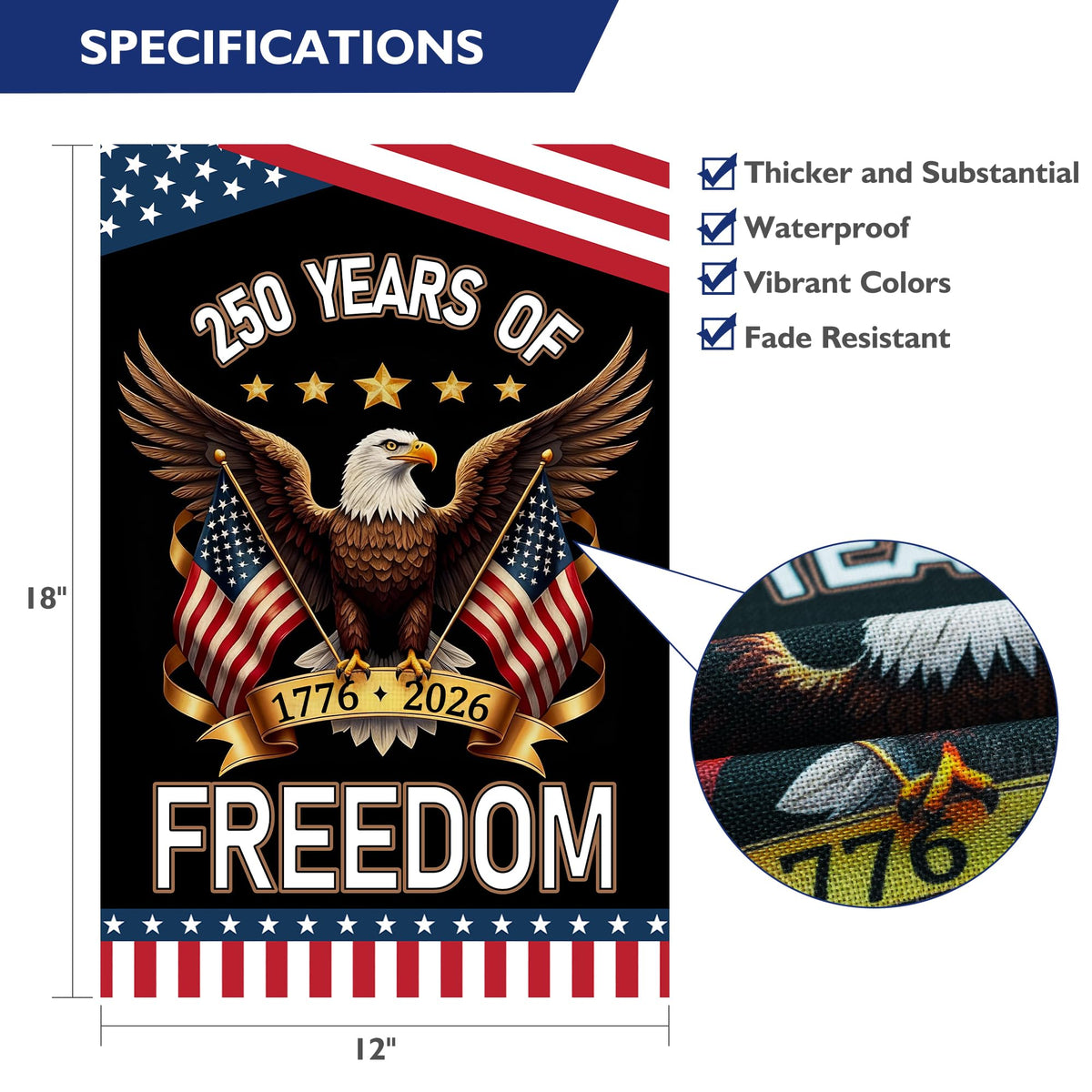 Leadinor 250th Anniversary USA Flag back view with eagle and flags design.