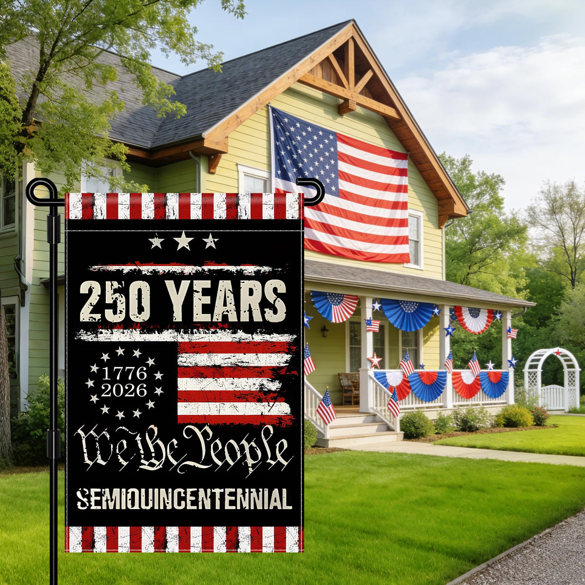 Leadinor 1776-2026 flag commemorates history with bold imagery.
