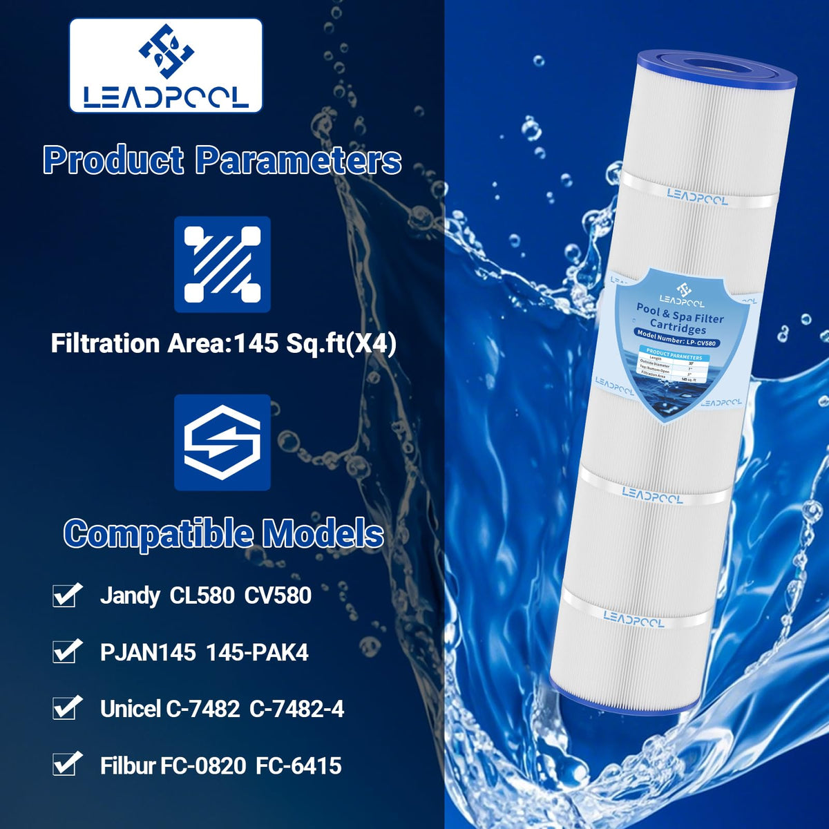 Leadpool Jandy CV580 cartridge pleated design maximizes filtration surface area for better capture.