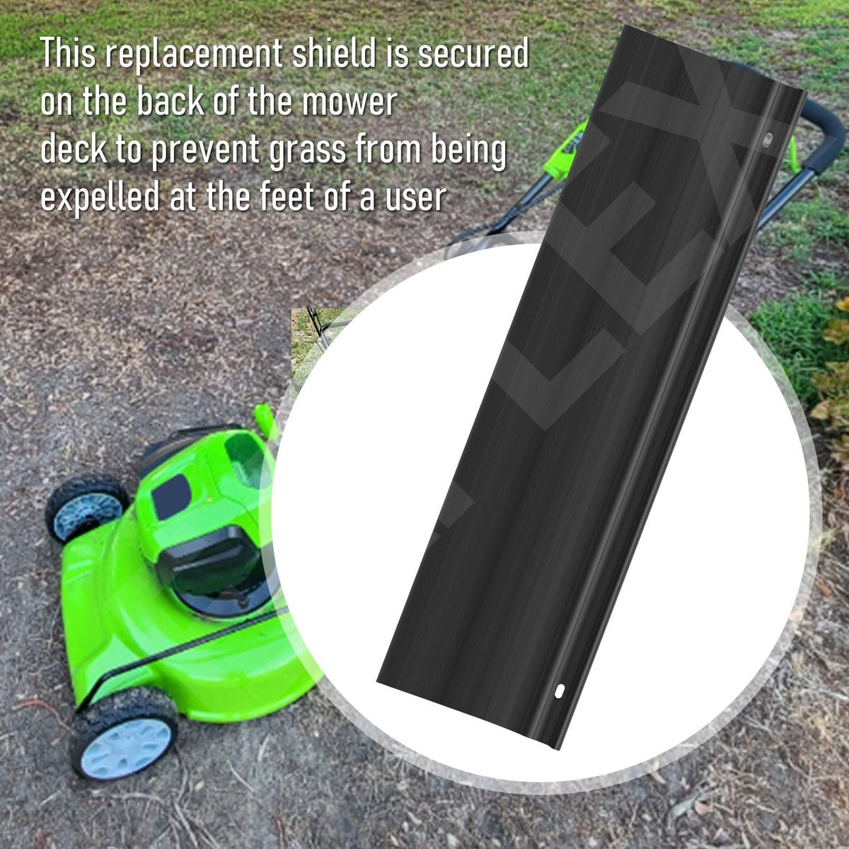Leaflex protective rear skirt shield protecting legs during mowing