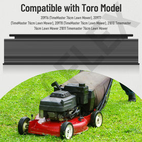 Leaflex trailing shield flap mounted on mower edge stabilizes clippings during forward mowing.