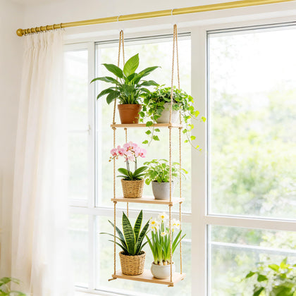 Leafory 3-tier window shelves in hanging wood design ideal for sun-loving succulents