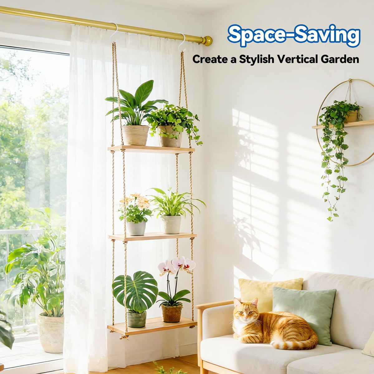 Leafory hanging wood shelves showcase herbs and greens, saving space on a compact windowsill