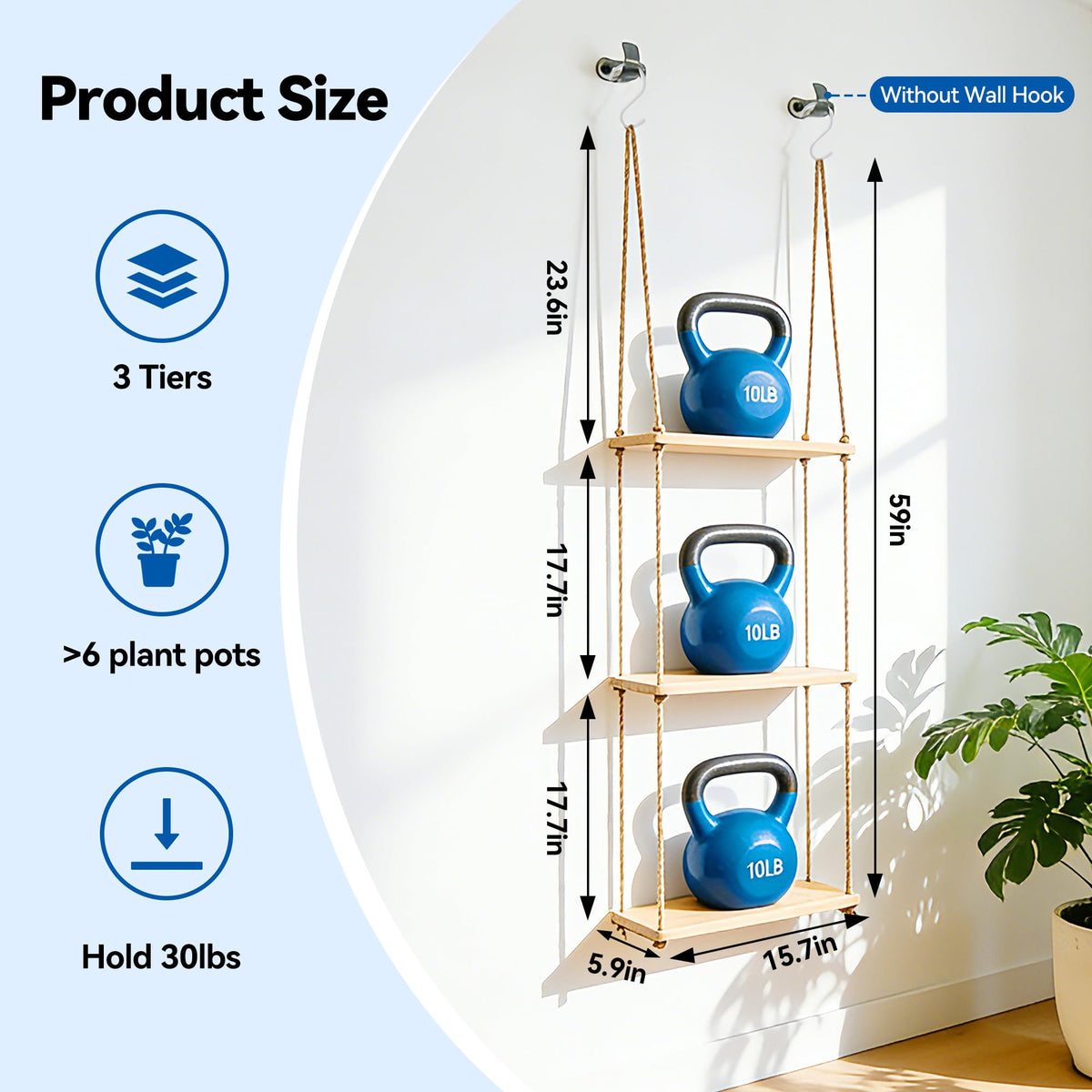 Leafory 3-tier design with hemp knots provides adjustable height for taller plants