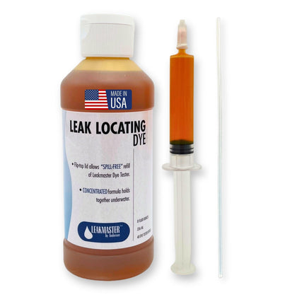 Leakmaster pool leak-detection kit dye visible underwater.