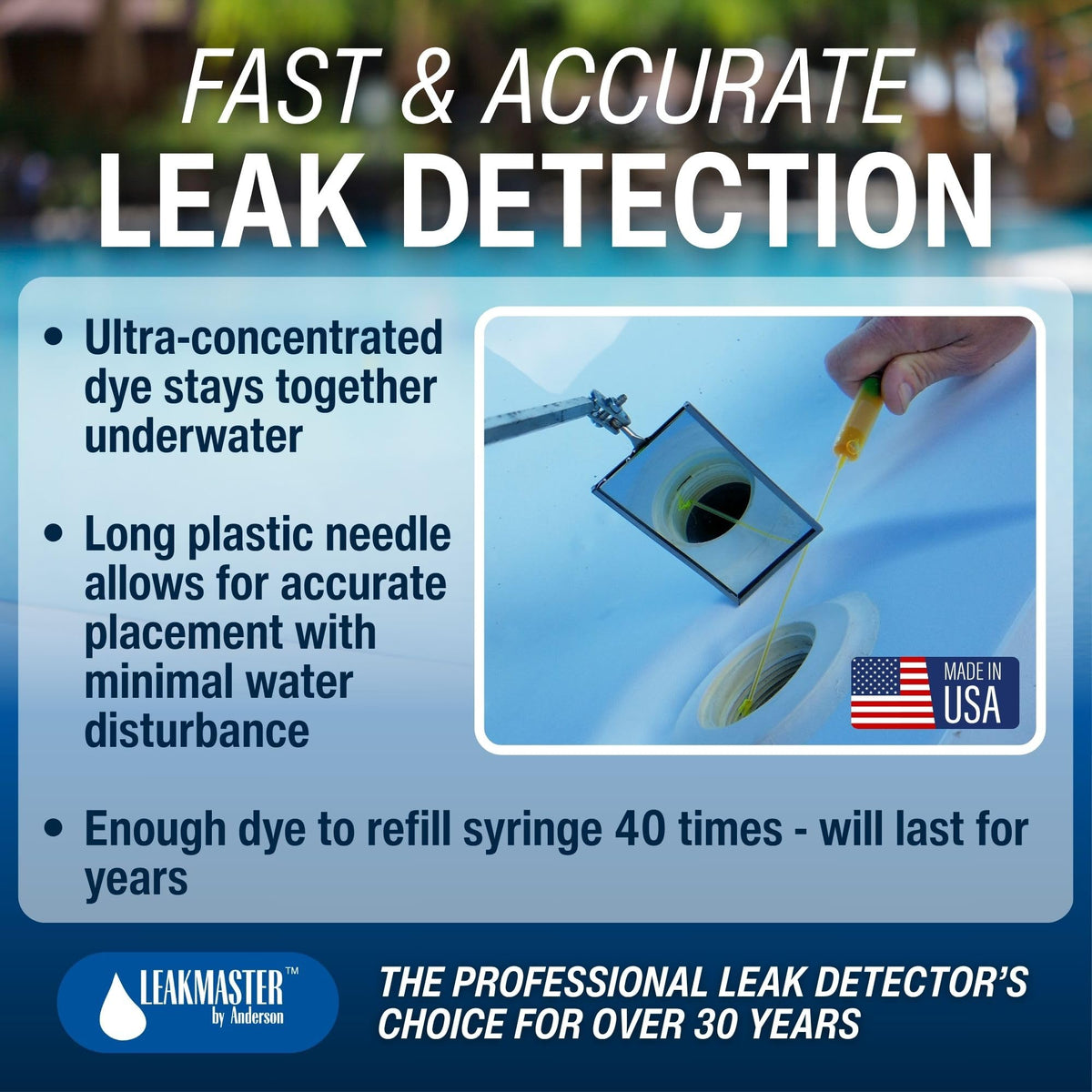 Leakmaster reusable syringe with extension for targeted dye application.