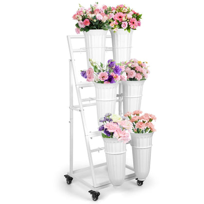 LEALIBAUSS flower display stand top view with six buckets for organized blooms.