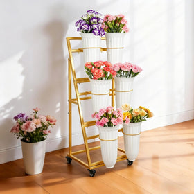 LEALIBAUSS flower stand gold assembly highlights simple setup and compact storage after use.