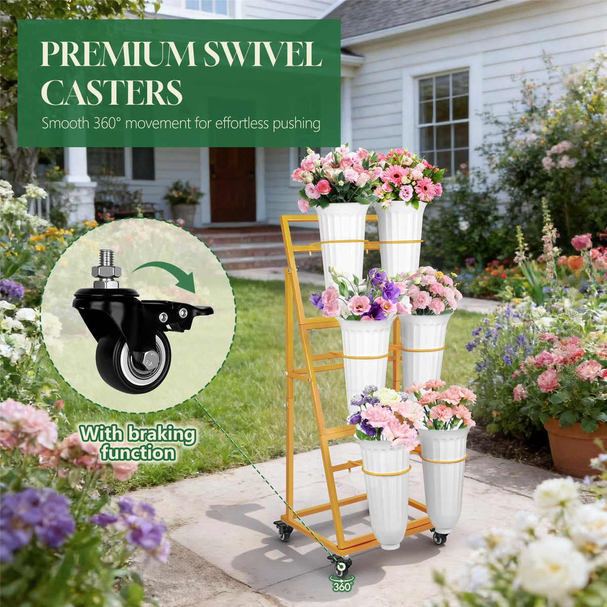 LEALIBAUSS flower stand gold buckets-6 supports six planters for varied arrangements.
