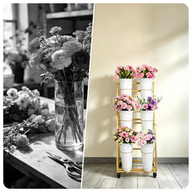 LEALIBAUSS flower stand gold wheels-in-use highlights indoor-outdoor versatility and smooth transportation.