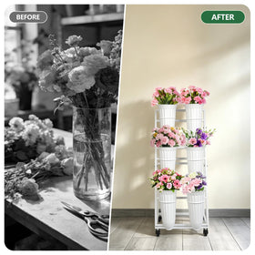 LEALIBAUSS mobile flower cart with wheels and brakes for easy repositioning.