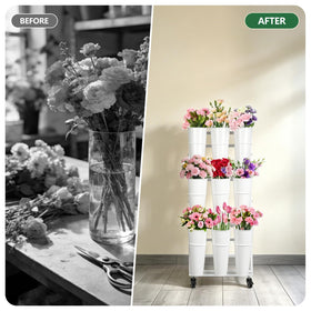 LEALIBAUSS sturdy wrought iron stand supports a variety of blooms