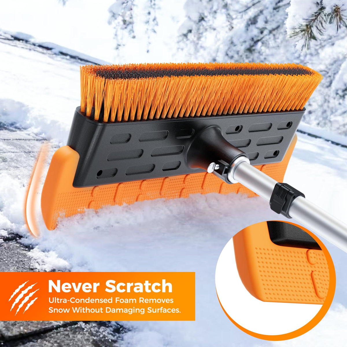 Leanaco patented 16-inch arc brush head for fast broad snow removal