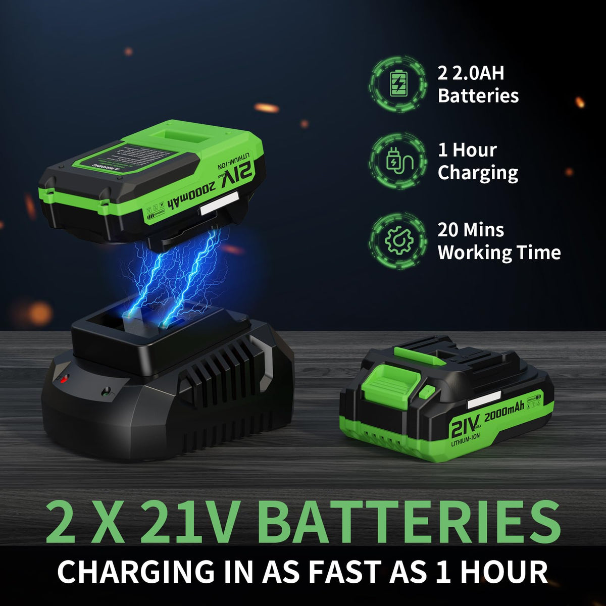 Two LEAPUL 21V 2.0Ah batteries powering longer sessions with minimal downtime