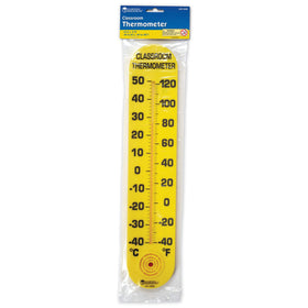 Learning Resources Classroom Thermometer features a recessed tube that resists breakage.