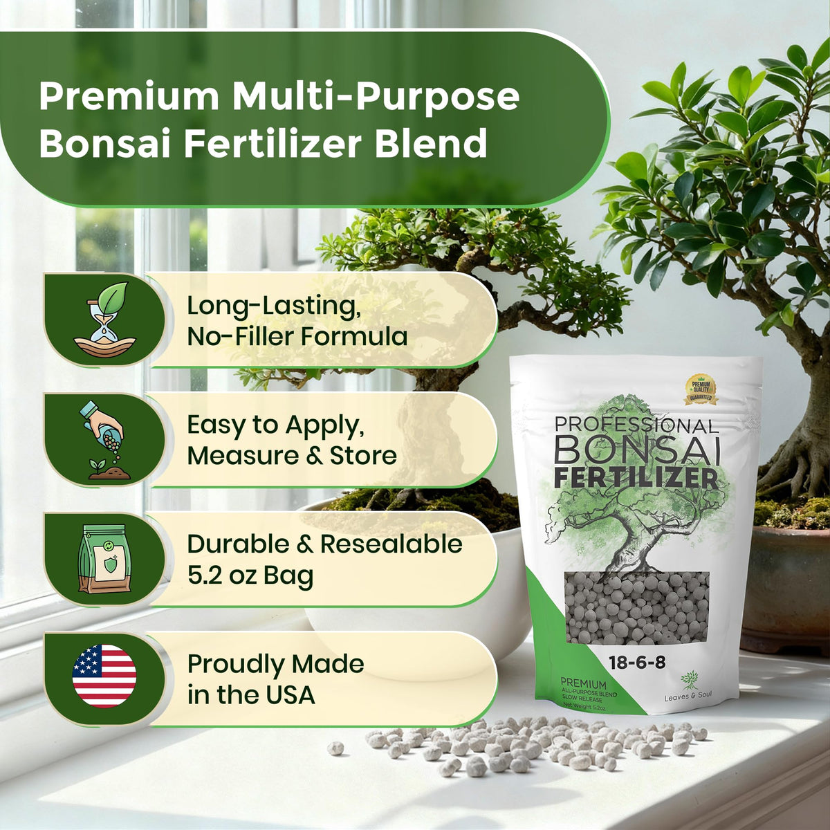 Leaves and Soul 18-6-8 bonsai pellets deliver slow-release nutrients for growth